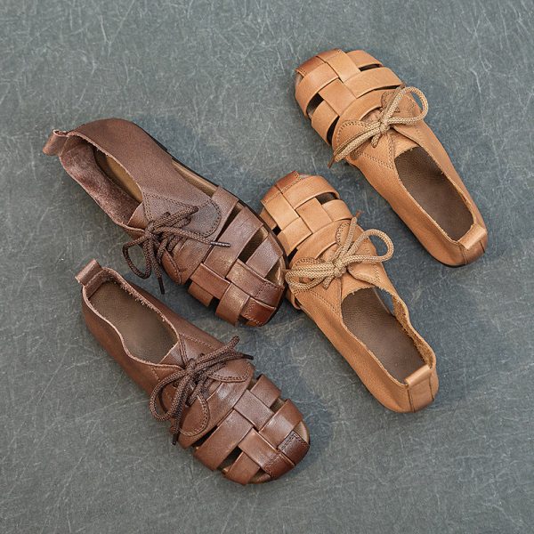 Cow Leather Retro Woven Sandals Lace-Up Soft Sole Women's Shoes - Image 8