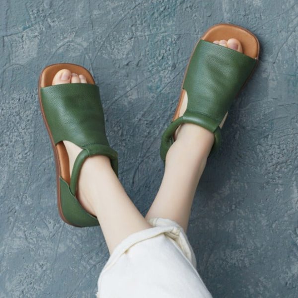 Summer Cowhide Handmade Velcro Open Toe Sandals Flat Shoes - Image 14