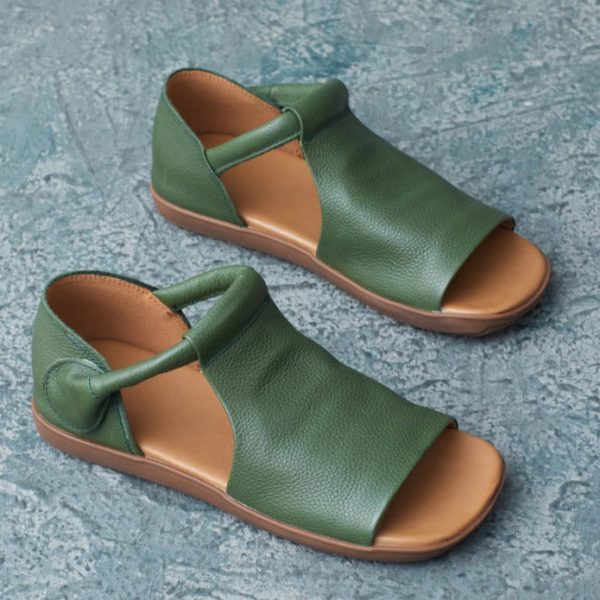 Summer Cowhide Handmade Velcro Open Toe Sandals Flat Shoes - Image 10