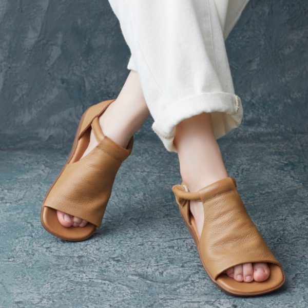 Summer Cowhide Handmade Velcro Open Toe Sandals Flat Shoes - Image 15