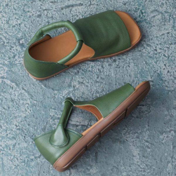 Summer Cowhide Handmade Velcro Open Toe Sandals Flat Shoes - Image 9