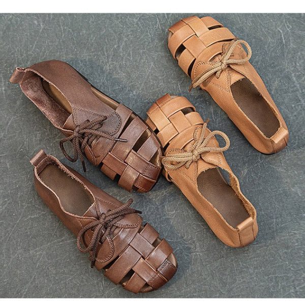 Cow Leather Retro Woven Sandals Lace-Up Soft Sole Women's Shoes - Image 9